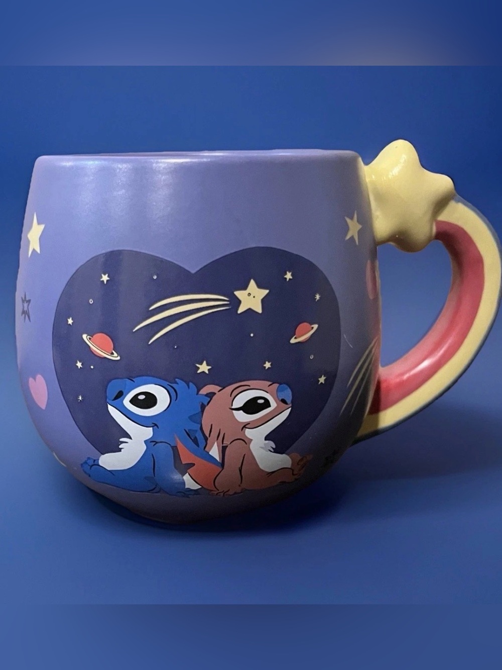 NWT Disney Stitch & Angel Purple Ceramic Mug With Rainbow Star Handle